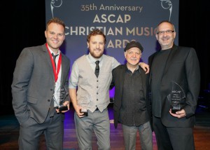 Singer/Songwriter Matthew West, songwriter Ben Glover, guitarist Phil Keaggy and Capitol CMG Publishing’s Casey McGinty showcase their awards at the 35th Annual ASCAP Christian Music Awards in Franklin, TN. May 6, 2013